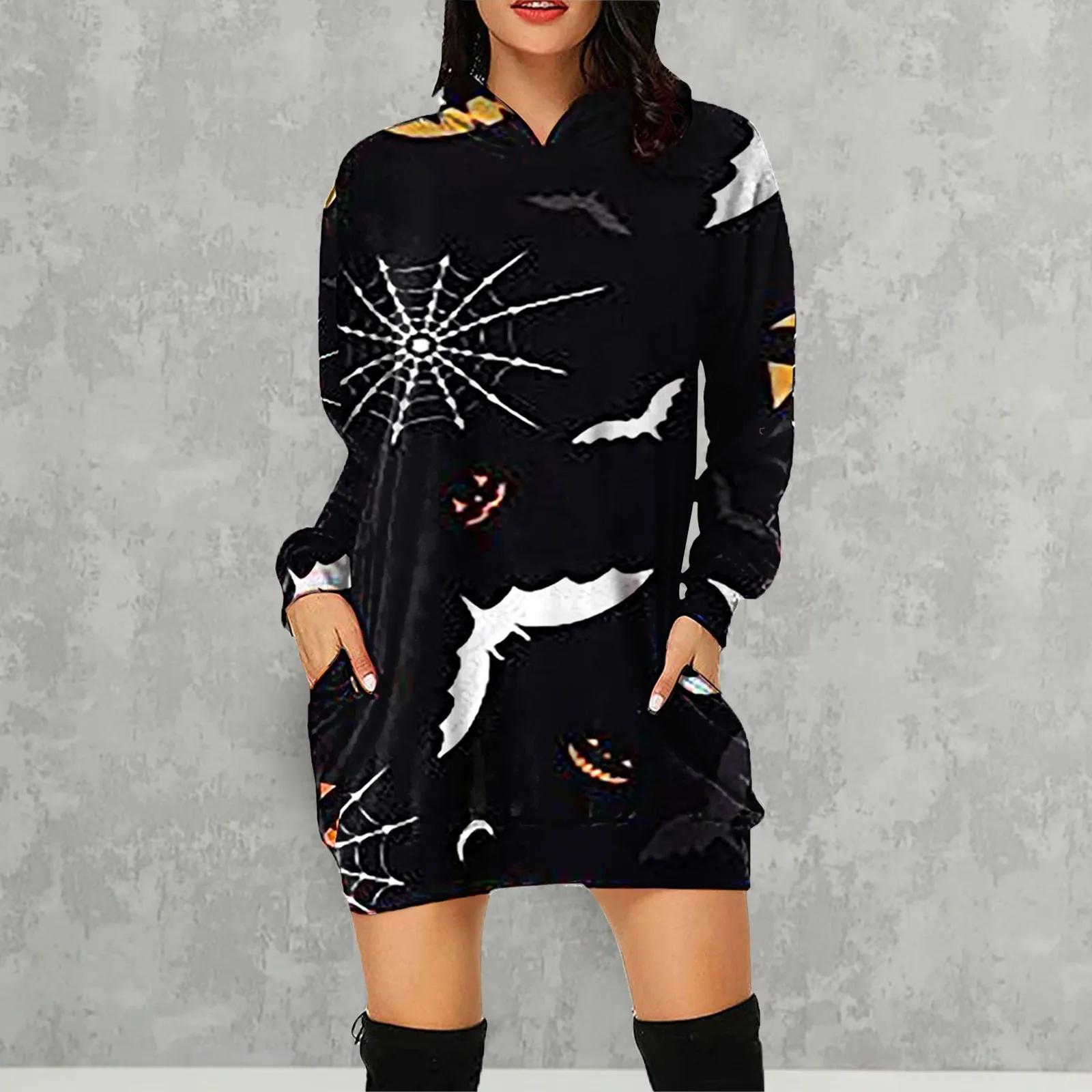 

Women's Halloween Print Hoodies Dress Round Tie Hat Long Sleeve Sweatshirt Dress For Women Autumn Casual Knee Length Dresses