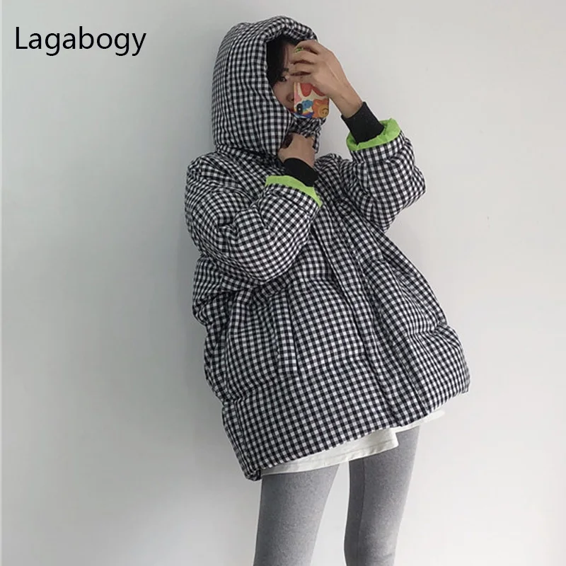 2022 New Winter Coat Women Hooded Black White Plaid Puffer Jacket 90% White Duck Down Parkas Thick Warm Loose Outwear