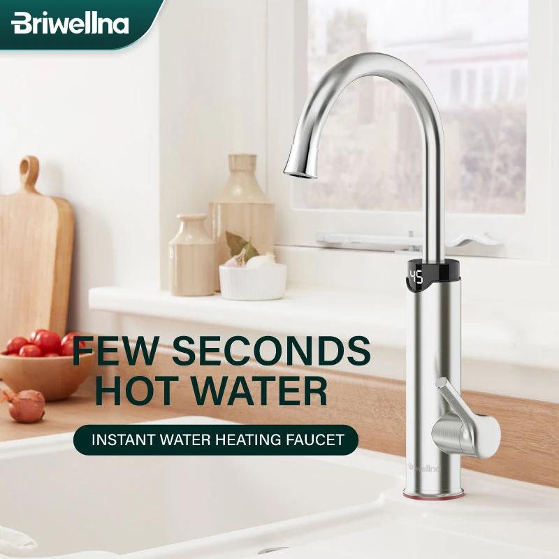 Briwellna Electric Water Heater 220V 2 in 1 Kitchen Faucet 360°Swivel Cold and Hot Water Tap Tankless Flowing Heater Home Geyser