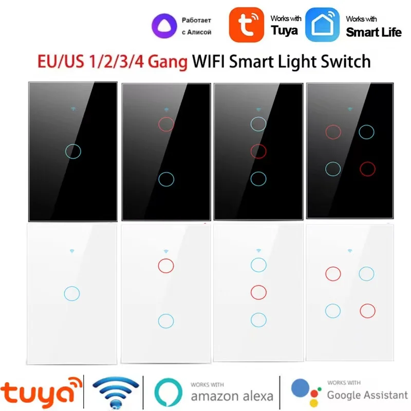 

Tuya 1/2/3/4Gang EU/US WiFi Smart Wall Touch Switch No Neutral Wire Required Glass Screen Touch Panel Support Alexa Google Home