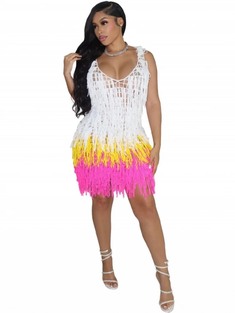 

White Crochet Tunic Sexy Spaghetti Strap Hollow Out Bodycon Mini Dress Women Summer Clothes Beach Wear Swim Suit Cover Up