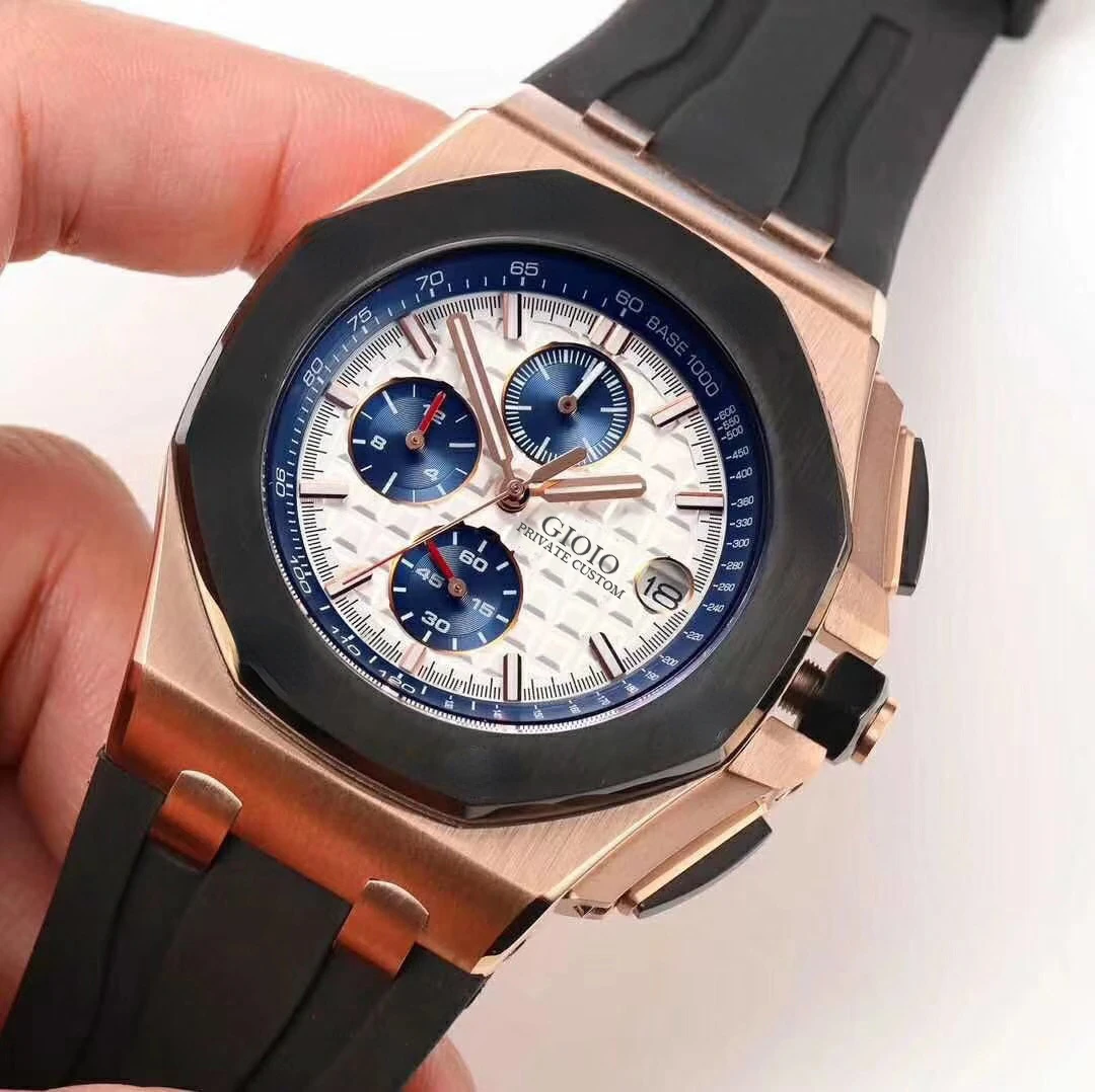 

men quartz chronograph watch rose gold black rubber