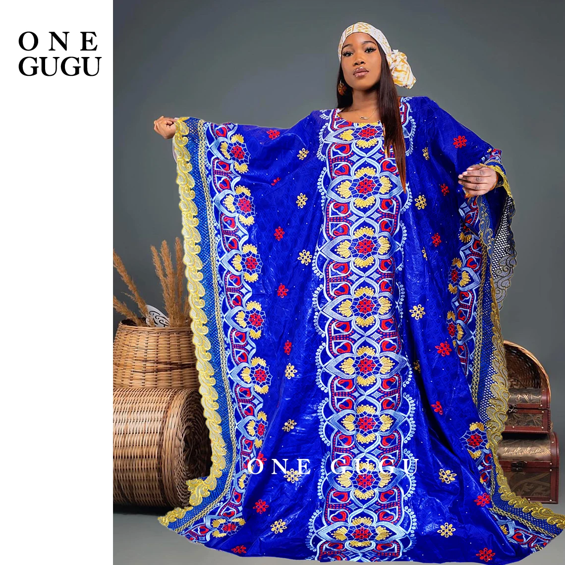 New African Dashiki Outfits Ryal Blue Bazin Riche Long Dress With Stones Embroidery Laces Nigerian Wedding Party Basin Dresses