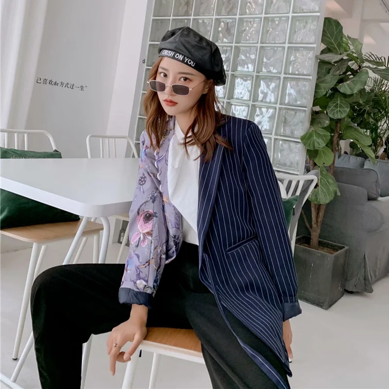 Striped and Floral Blazer with Bandage 2021 Women Fashion Buttonless Patchwork Lace Up Casual Office Blazer Suit with Free Belt