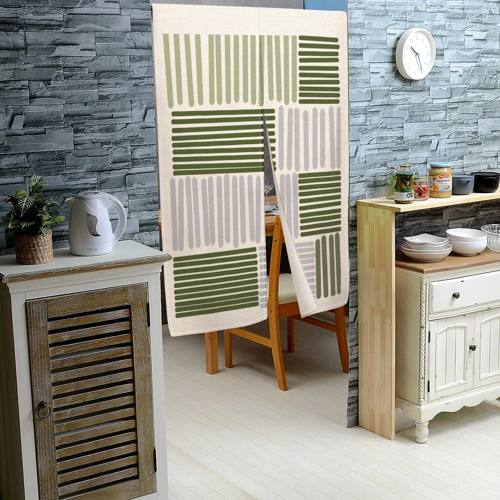 Простые японские дверные занавески с зелеными линиями Короткие непрозрачные