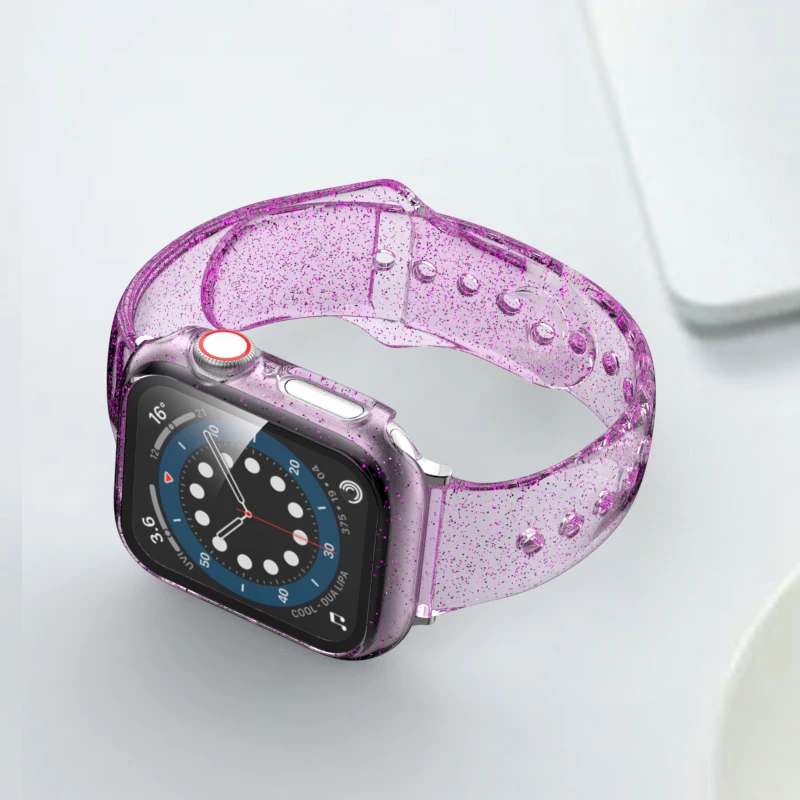Glitter Strap+Tempered Glass Case For Apple Watch band 42mm 38mm 40mm 44mm Transparent Slim Silicone Bracelet iWatch SE 6 5 4 3