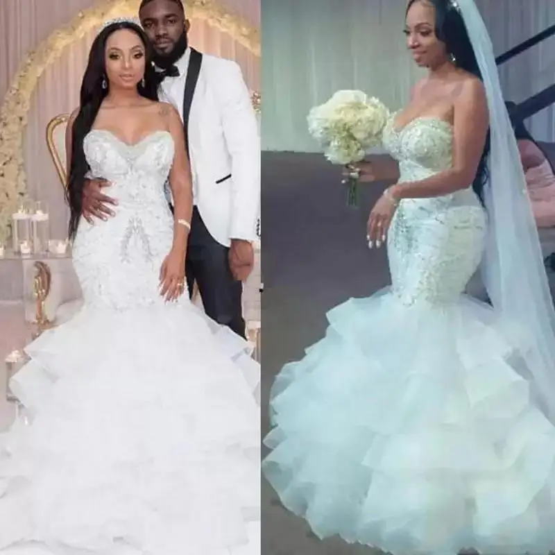 

Beads Sequins Plus Size Wedding Dress V-neck Mermaid Zipper Back Bridal Gowns