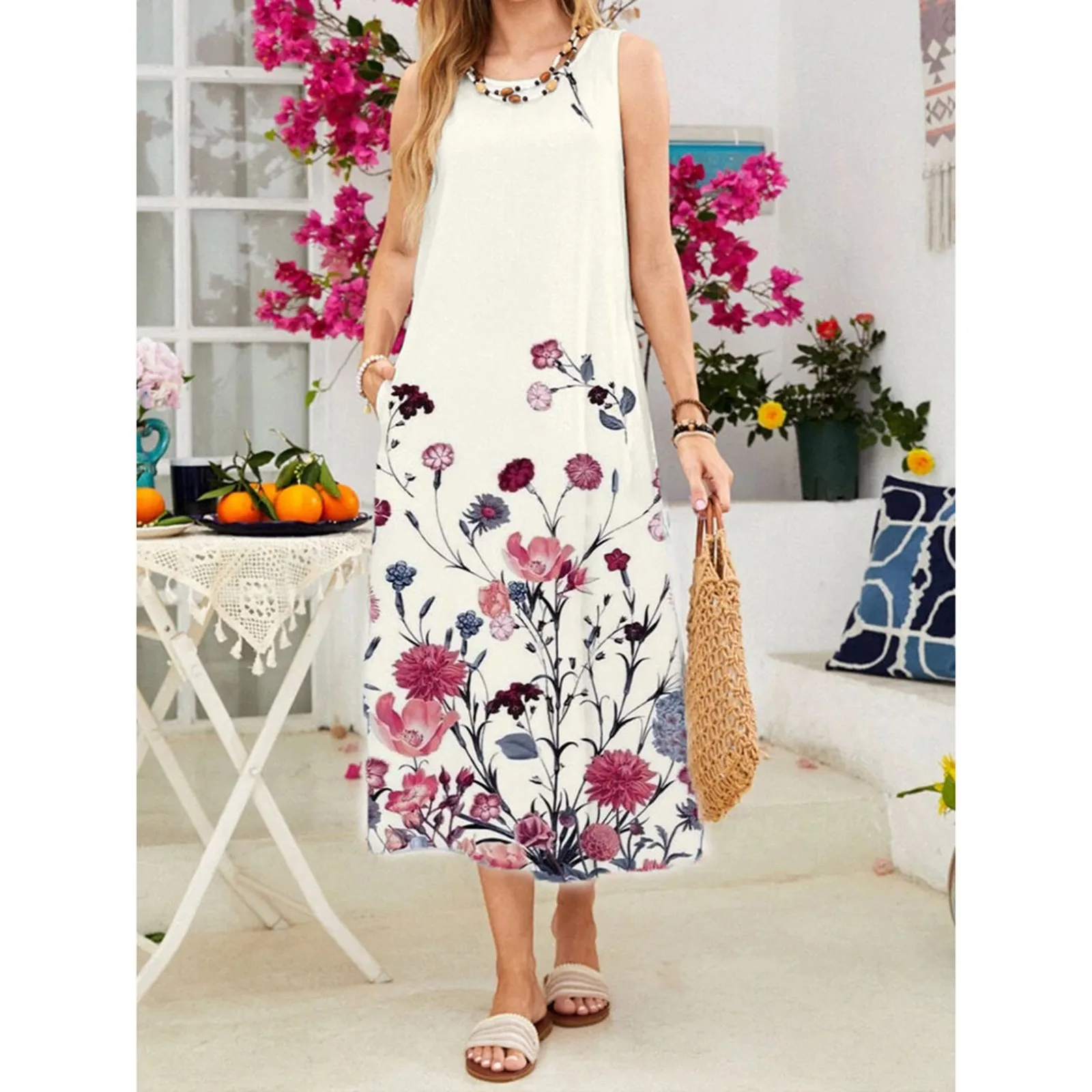 

Женское прямое платье с круглым вырезом, повседневное Свободное длинное платье без рукавов с цветочным принтом и карманами, лето 2022