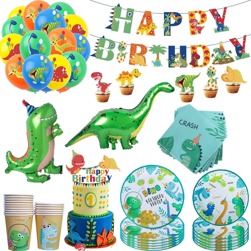 

Cartoon Dinosaur Party Decoration Disposable Tableware Balloons Set Jungle Theme Kids 1st Birthday Party Decoration