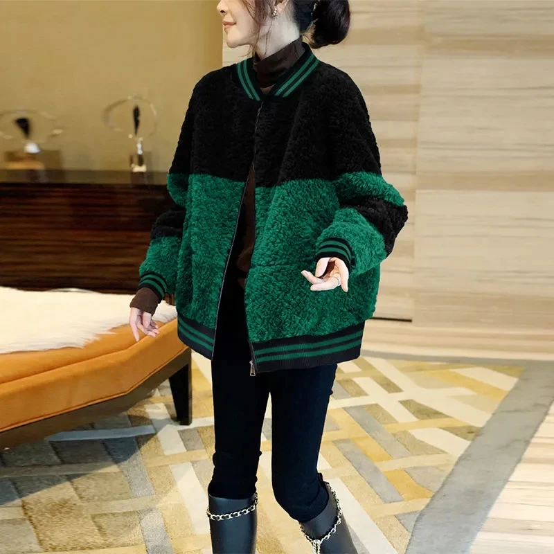 

Stitching Imitation Lamb Wool Jacket Women Zipper Casual Long Sleeves Tops Winter 2022 New Fashion Loose O Neck Coat Female