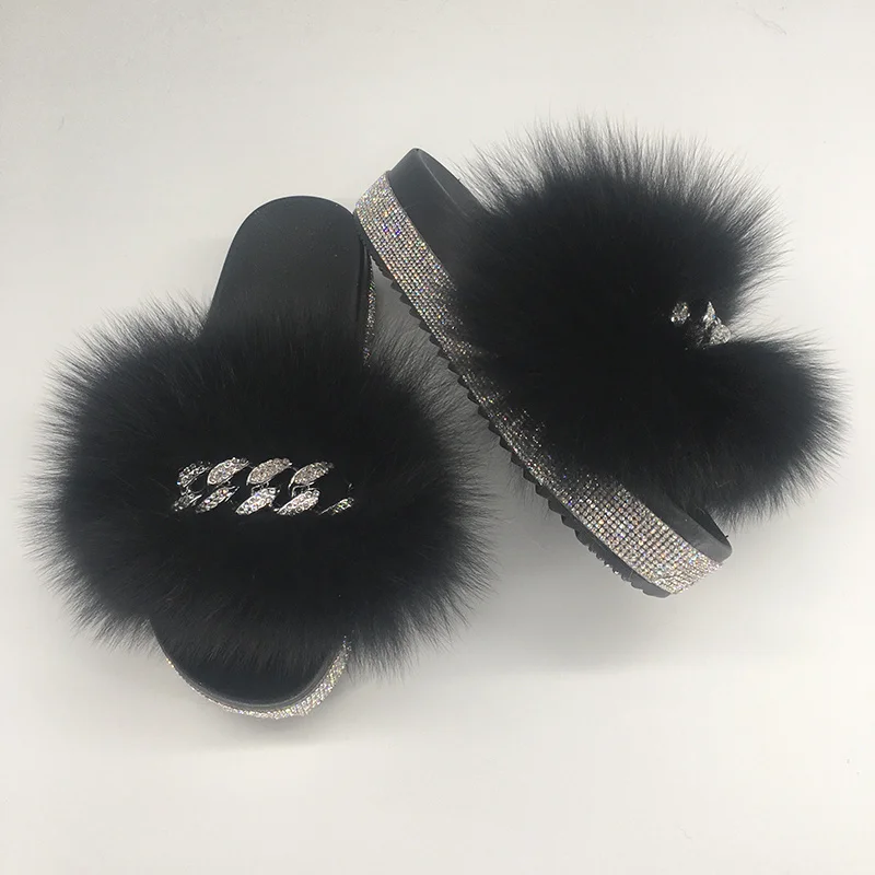 

Women Wedge Slippers Summer Platform Flip Flops Fur Slides With Chain Crystal Sandals Ladies Slip On Platform Female Shoes 2021