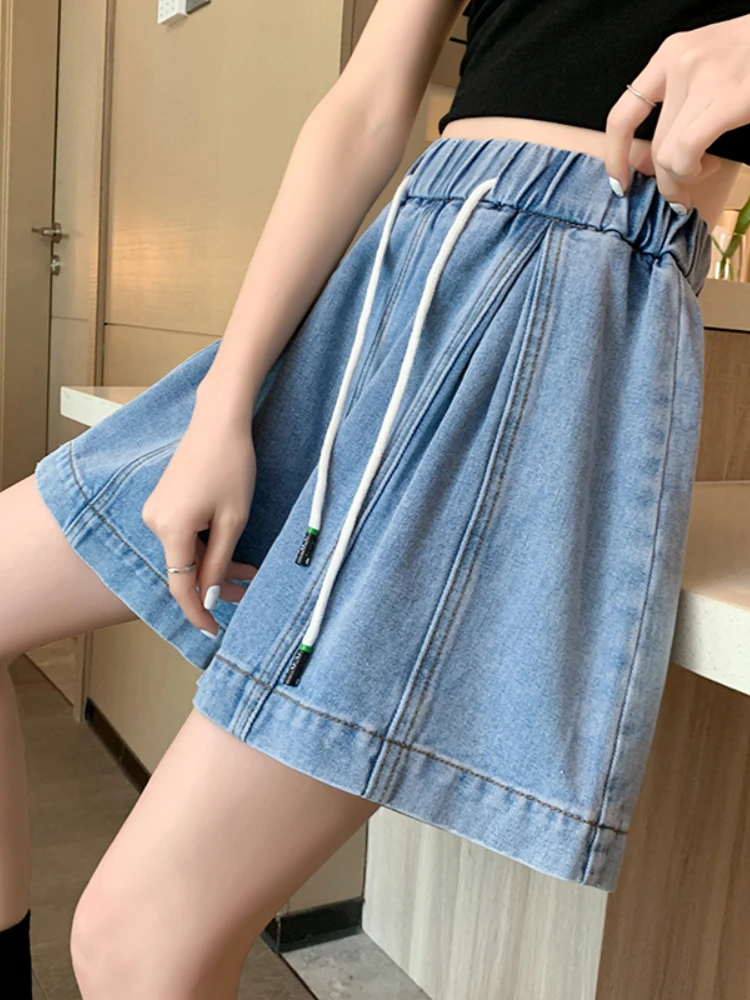 New Summer Elastic High Waist Denim Shorts Women Casual Lace-up Wide Leg Jean Shorts Lady Fashion Solid Color Shorts
