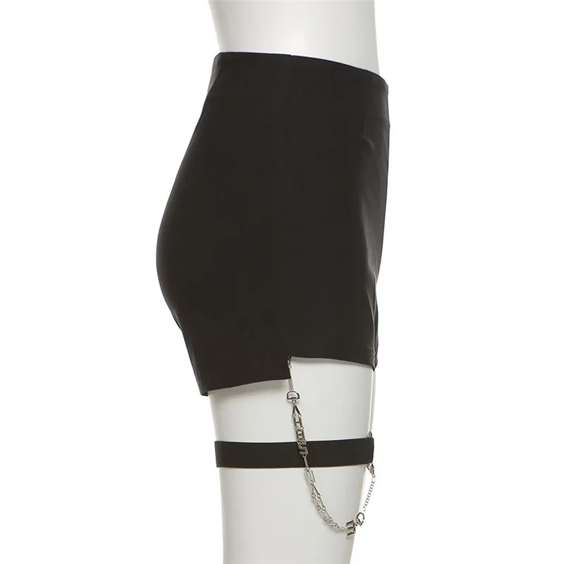 Sexy Gothic Shorts with Chain Summer Women Slim Solid Colors High Waist Shorts Fashion Streetwear Black Elastic Waist Bottoms