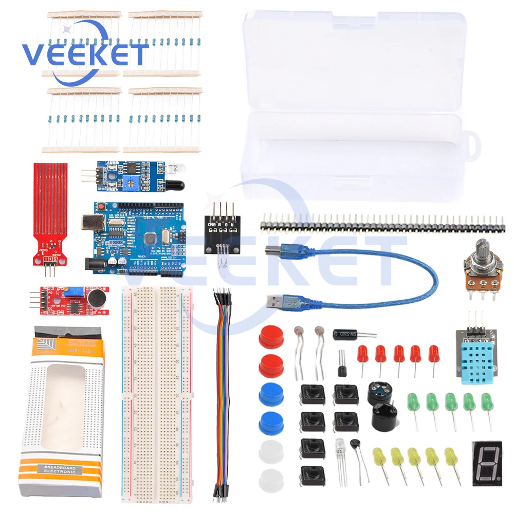 

Стартовый комплект для макетной платы Arduino, базовый простой обучающий комплект, звук/уровень воды/Влажность/расстояние, светодиодный контр...