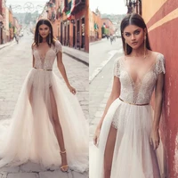sexy beach wedding dresses illusion bodice lace v neck backless thigh high slits bridal gowns fashion boho wedding dress