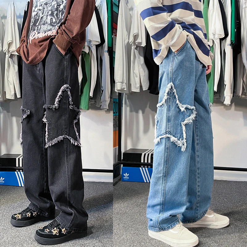 

Джинсы с вышивкой звезд, брюки из денима в стиле хип-хоп, с широкими штанинами, Повседневная Уличная одежда для женщин, модные трендовые прямые штаны в стиле Харадзюку