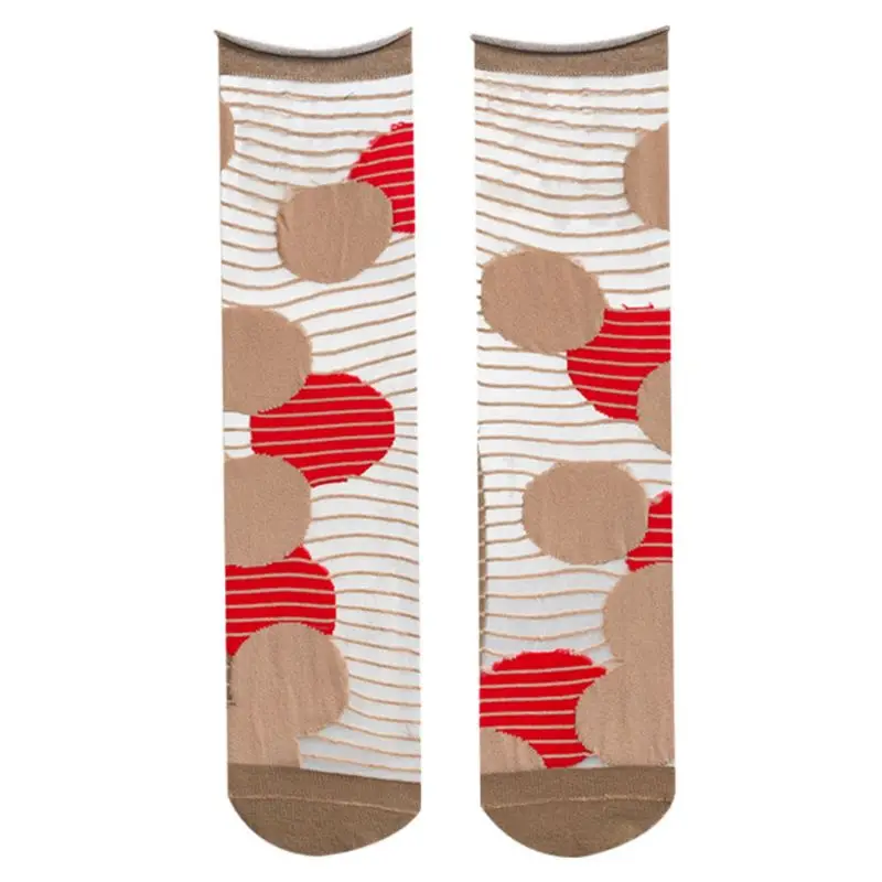 

Japanese Women Vintage Sheer Glass Fiber Crew Socks Irregular Polka Dot Stripes Jacquard Ultra-Thin Breathable Harajuku Mid Tube