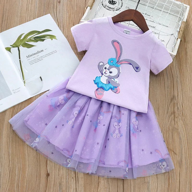 

Girls Sweet Star Dailu Clothes Sets New Summer Two Piece Set Disney Elementary Girl Clothing Kids Short Sleeve Lace Skirt Outfit