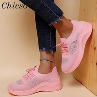 summer breathable sneakers women 2022 new fashion rhinestone knitted fabric ladies lace up casual shoes outdoor sport shoes