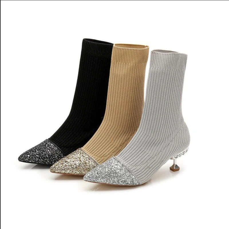 

Womens Sequins Rhinestones Crystal Diamond Stitching Knitting Yarn Ankle Boots Socks Shoes Pointed Toe Stilettos Heel Botas