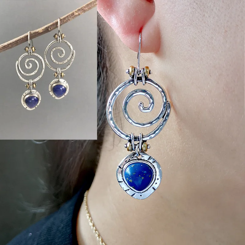 

2022 Boho Vintage Hollow Spiral Blue Stone Drop Earrings for Women Ethnic Tribal Antique Color Whirl Earrings