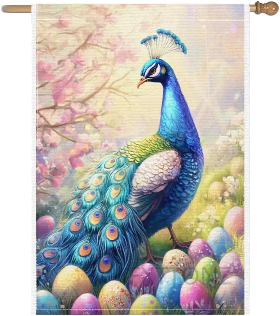 Фото Праздничные садовые флаги с павлином и пасхальными яйцами, 28x40 дюймов, двусторонние, акварельные, маленькие сезонные украшения для праздников, PPM №1