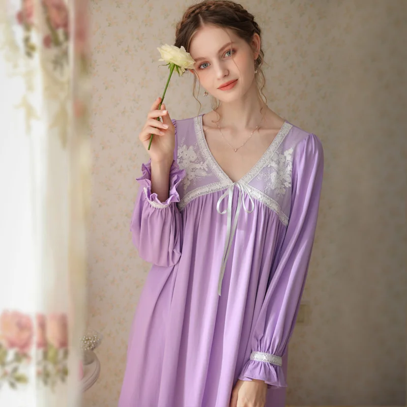 2023 Nightgown Women Cotton Lace Long Sleeve French Style Nightdress Fairy Spring V-Neck Vintage Sleepshirt Sleepdress Nightwear