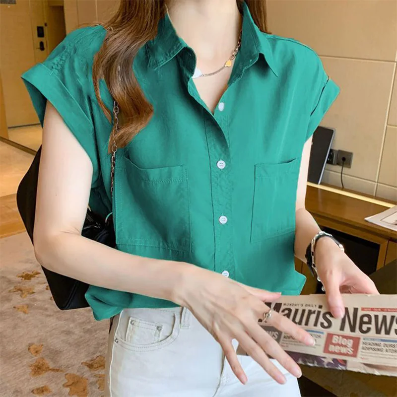Summer Short Sleeve Chiffon Shirts Women Solid Double Pockets Chic Vintage Fashion Blouse Female Top