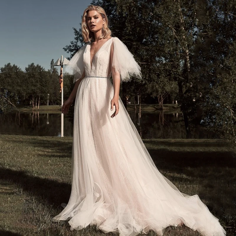 

Женское свадебное платье с открытой спиной, блестящее Тюлевое ТРАПЕЦИЕВИДНОЕ ПЛАТЬЕ С V-образным вырезом и рукавом до локтя, свадебное платье