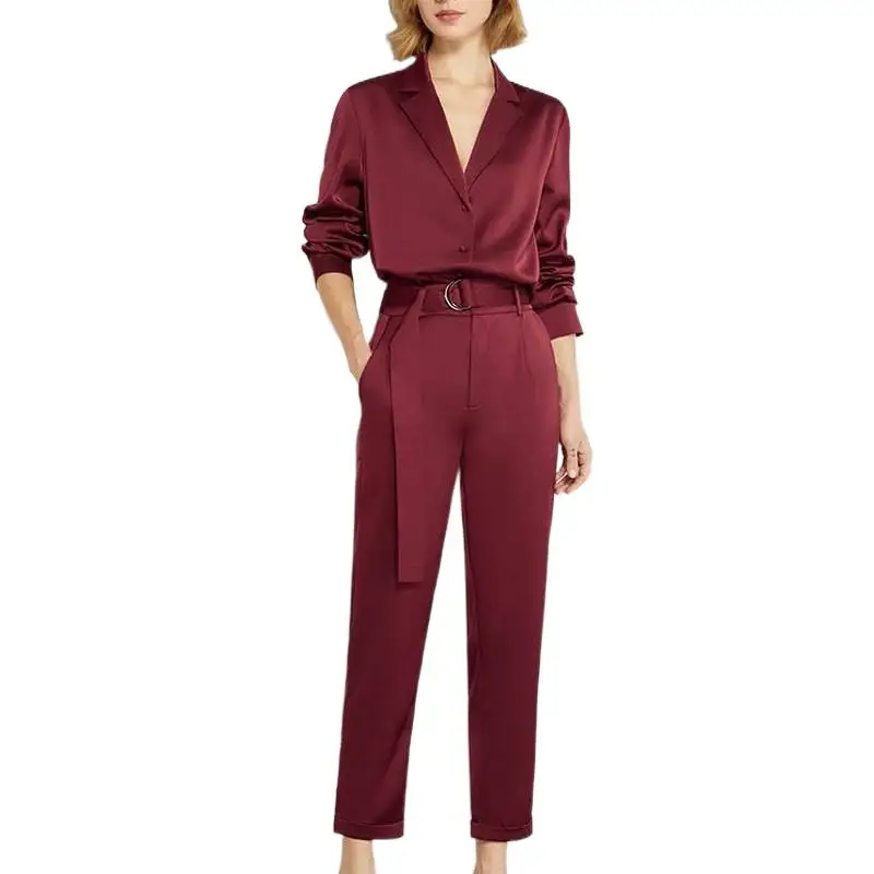 

Minimalism Office Women Satin Shirt High Waist Casual Pants Suits Ladies Elegant Blouse Pants 2 Pieces Sets Sold Separately