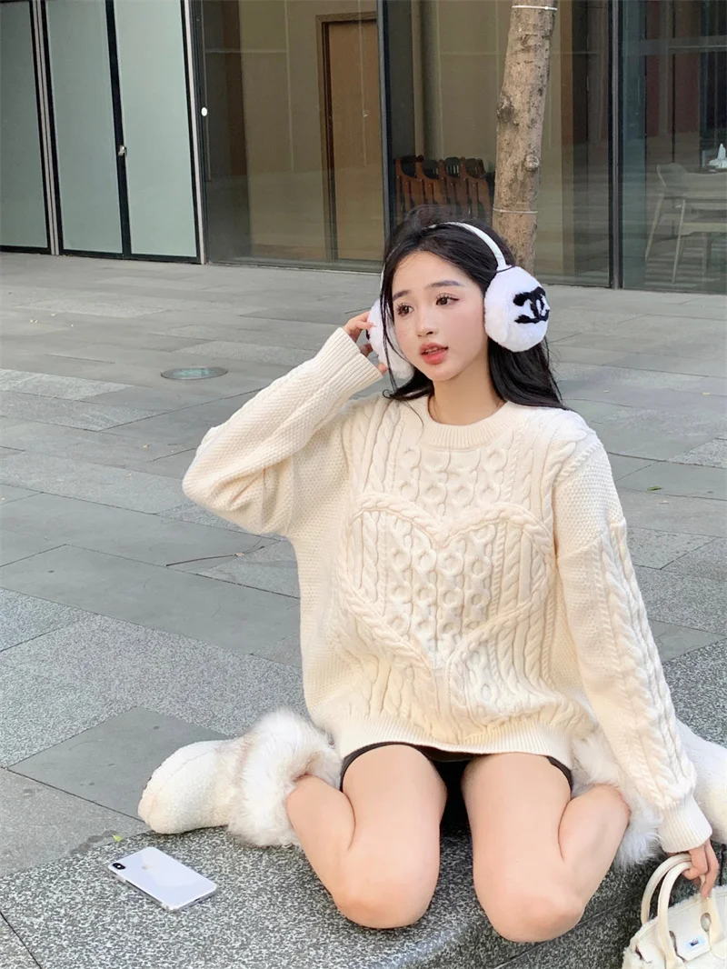 

GBG1276 2022 New Pure Simple Wool Love fried dough twist Lazy Heavy Industry Long Sleeve Pullover Sweater Women Fashion