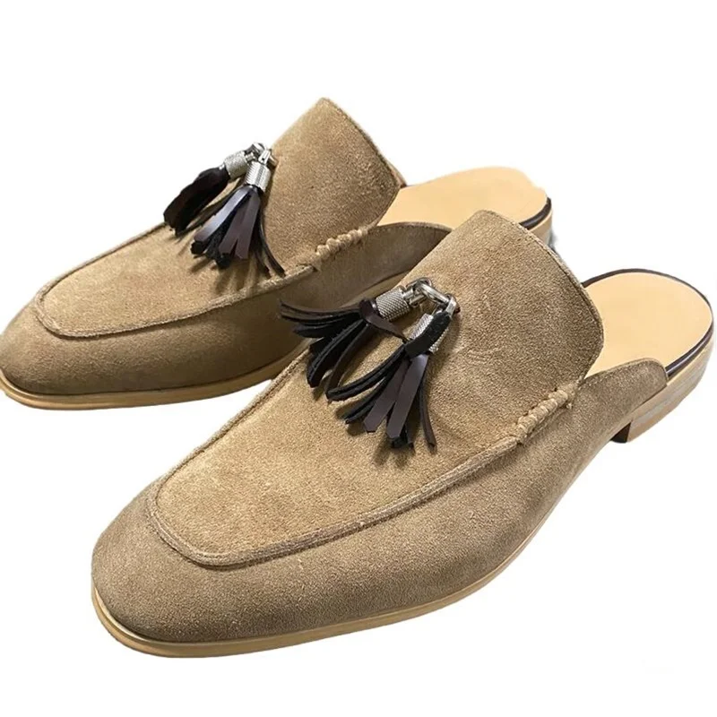 Fashion Summer Half Shoes For Men High Quality Suede Leather Shoes Men Mules Casual Flats Loafers With Tassel Slippers