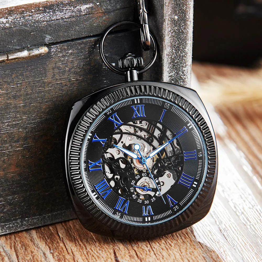 Retro Antique Black Golden  Mechanical Pocket Watch Men Women Blue Roman Numerals Dial Clock Luxury  Skeleton FOB Chain Watches