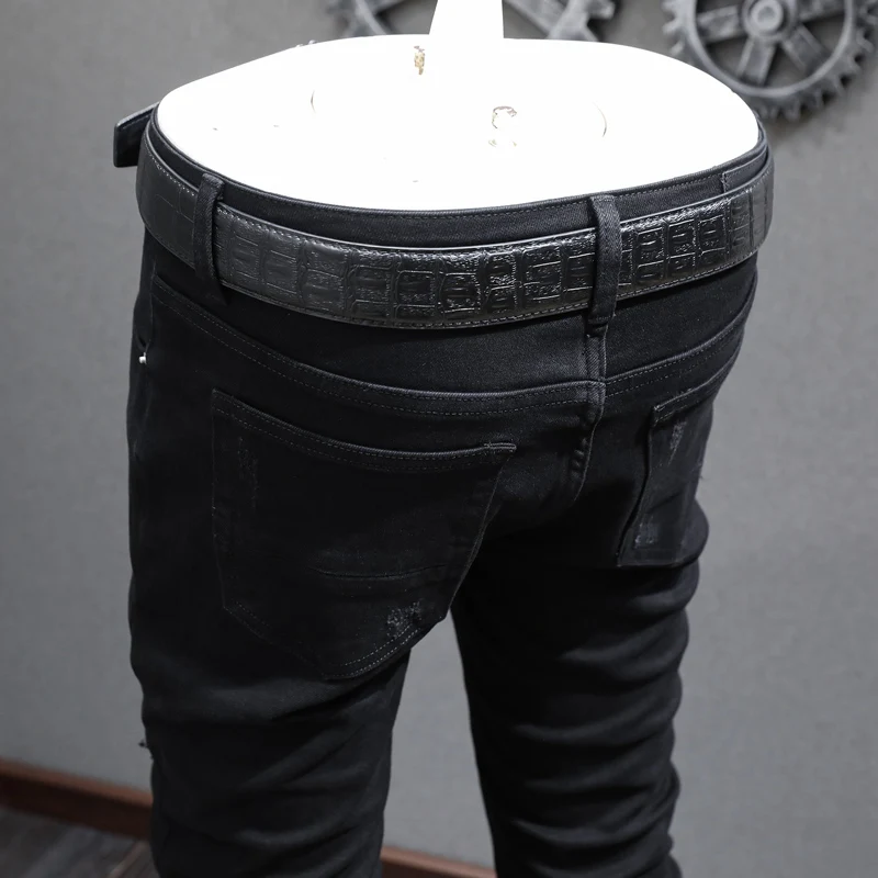 Street Fashion Men Jeans Black Elastic Stretch Skinny Fit Ripped Jeans Men Bandana Patched Designer Hip Hop Brand Pants Hombre