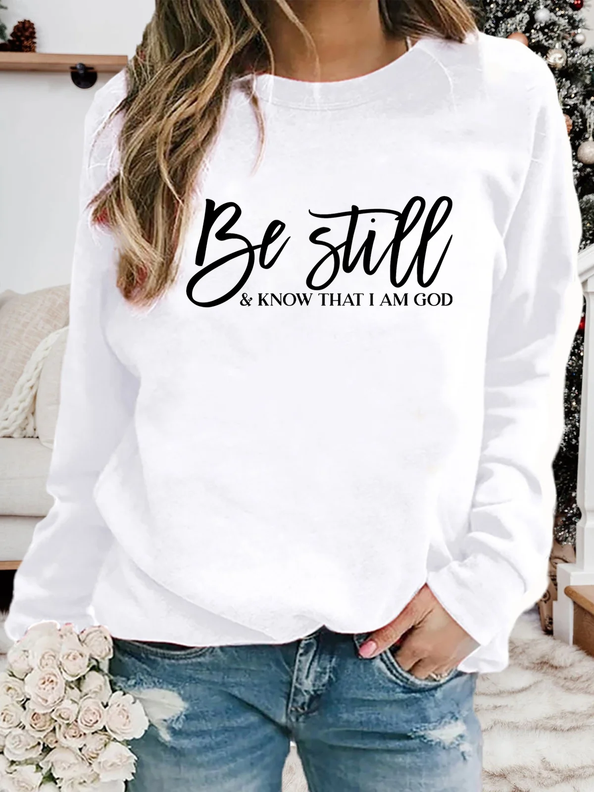 

Graphic Know That I Am God Print Shoulder Length Sleeves Striped Knitted Tops Autumn New Long-cuffed