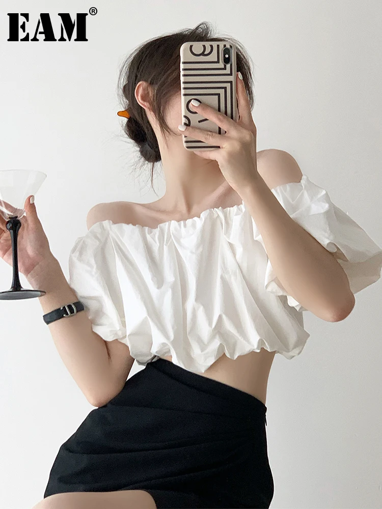 

[EAM] Women White Pleated Elegant Blouse New Slash Neck Half Sleeve Loose Fit Shirt Fashion Tide Spring Summer 2022 1DE8376