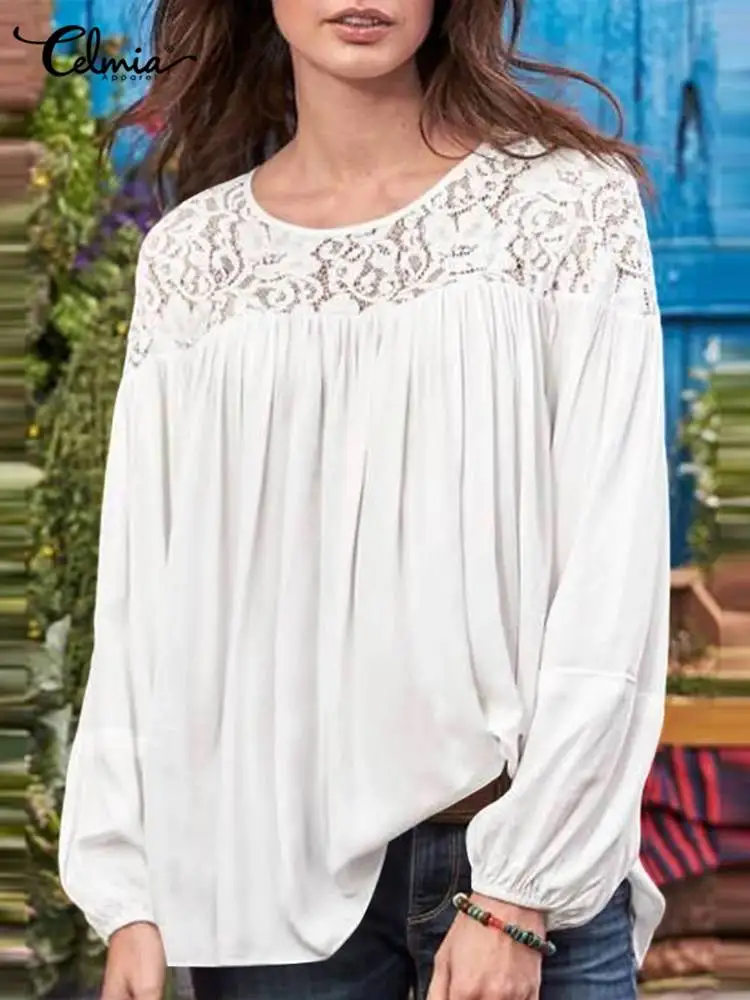 

Celmia праздничные кружевные лоскутные белые рубашки, повседневные модные блузки с круглым вырезом и длинными рукавами-фонариками, женские эл...