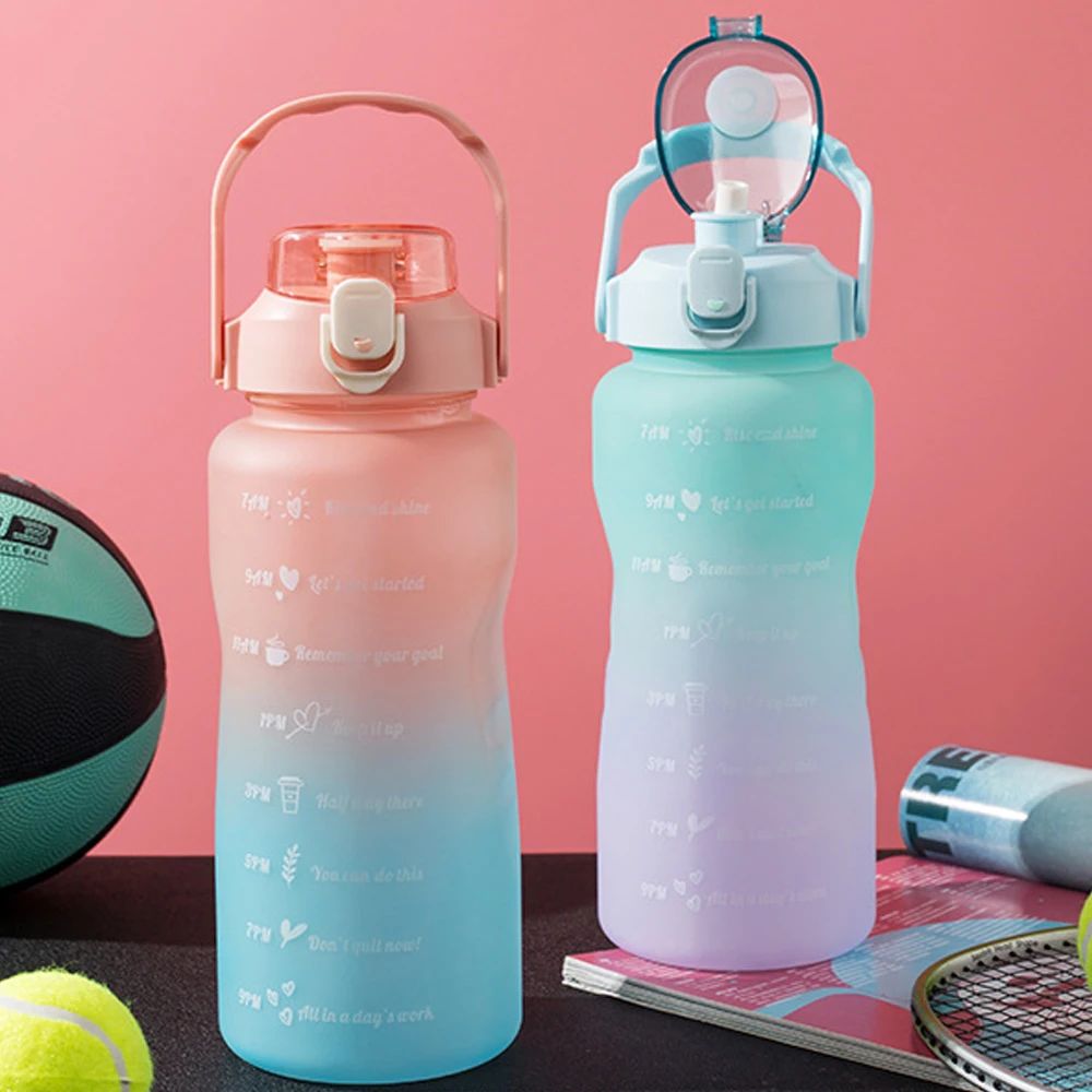 

Бутылка для воды большой емкости, 2 л, соломенная чашка, градиентный цвет, фотографический маркер времени, Спортивная бутылка для фитнеса на ...