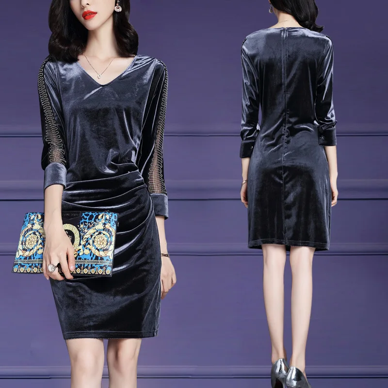 

2021 women's dress spring and autumn retro fashion velvet splicing V-neck medium length waist bag hip dress fashion