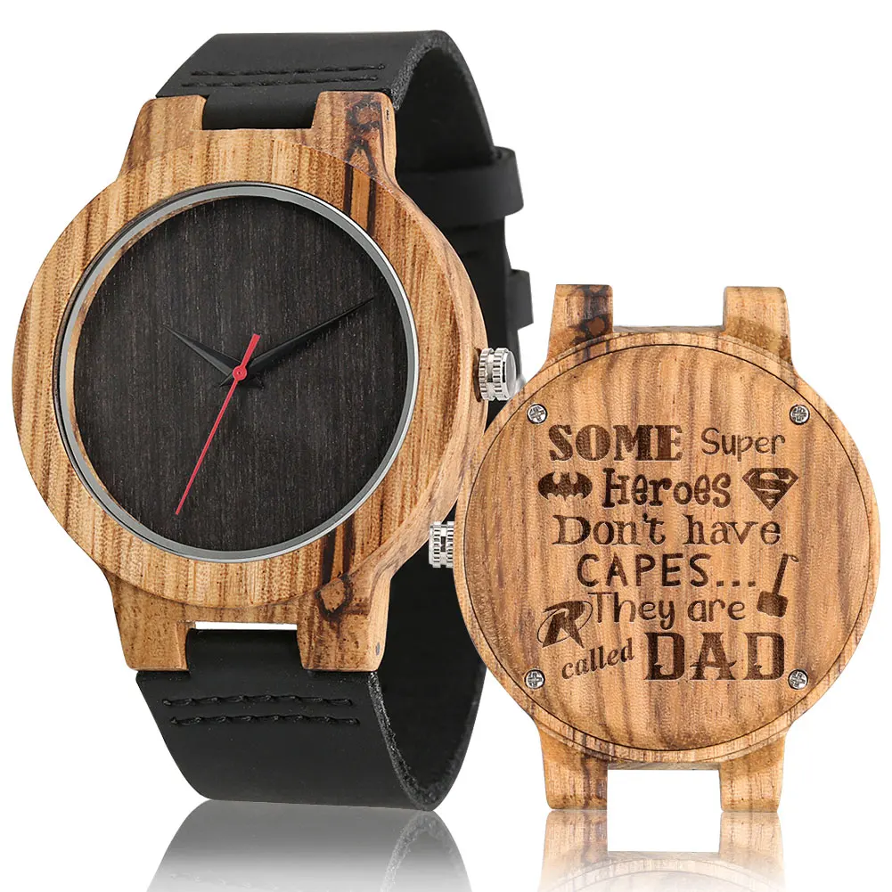 

SOME SUPER HEROES... Called DAD Engraved Wooden Back Cover Genuine Leather Quartz Men Watches Unique Birthday Gifts for Dad