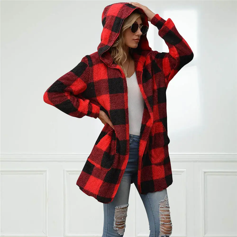 

Women Plaid Teddy Fleece Sweater Hooded Vintage Fluffy Cardigan Plus Size 3XL Winter Spring Warm Sherpa Robe