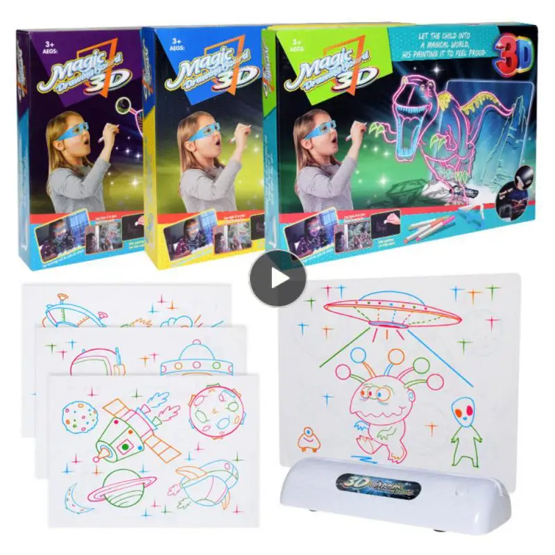 

1 Set Children's Light Drawing Pad Doodle Board Neon LED Glow Through Surface Stand 4 Highlighter With 3D Glasses Creative Gift