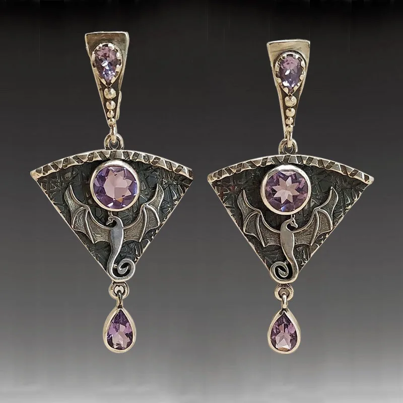 

Punk Flying Dragon Earrings Vintage Hyperbole Animal Jewelry Metal Silver Color Carved Purple Stone Zircon Dangle Earrings