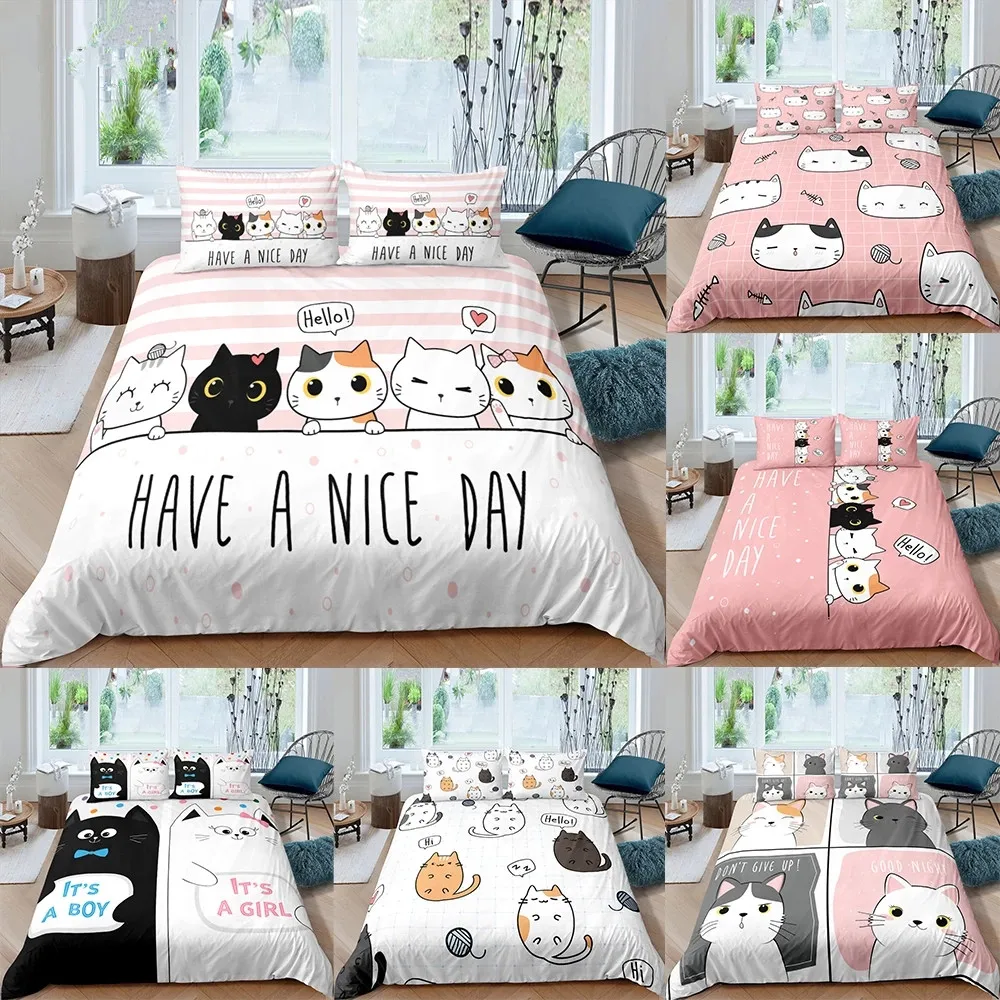 

Juego de ropa de cama con estampado de gatitos y mascotas, juego de funda de edredón y funda de almohada para niña, ropa de