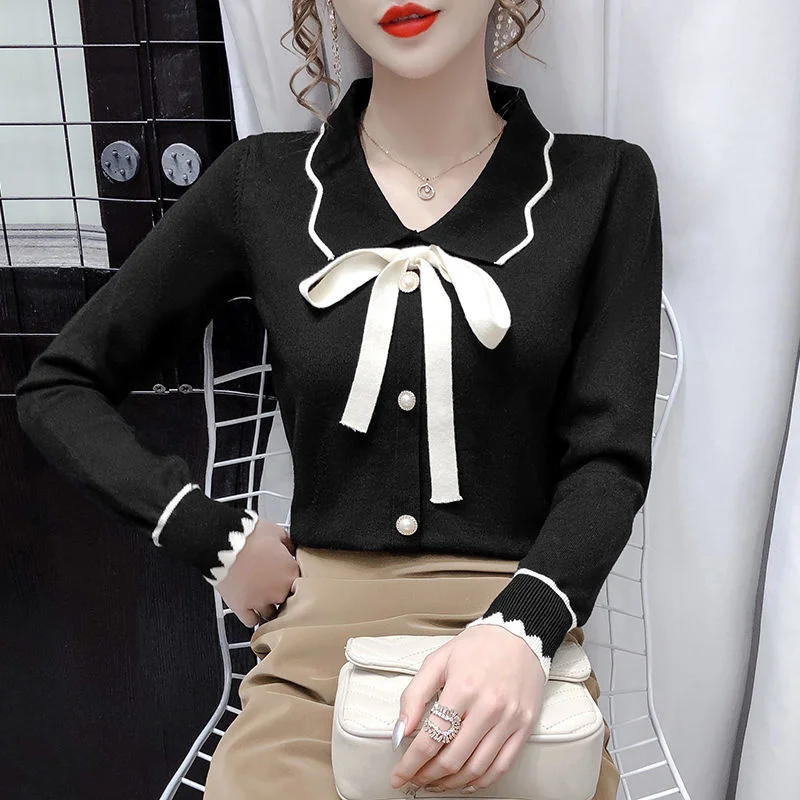 

Autumn Winter New Bow Long Sleeve Slim Fit Inner Wear Trendy Bottoming Tops Sweater Mujer Spring Cute Pullover Sweater Women