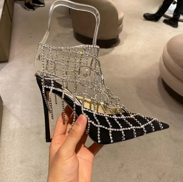 

Summer Black White Suede Bling Crystal Tassel 90 mm High Heels Mules Sandals Woman Cage Pointed Toe Slingback Banquet Shoes Lady