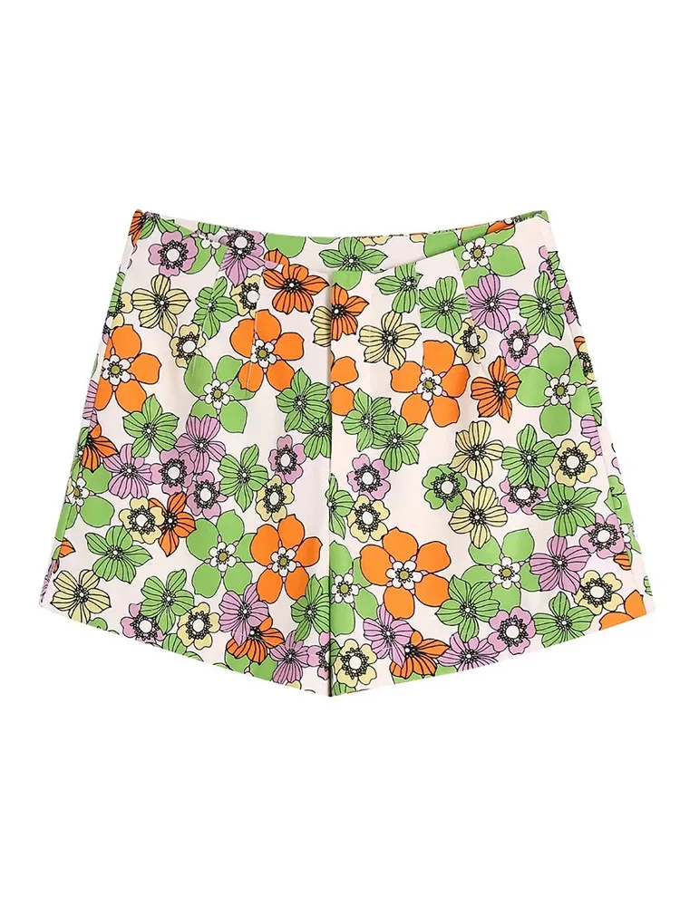 

xikom 2022 Women Fashion Front Dart Floral Print Shorts Vintage High Waist Zipper Fly Female Short Pants Mujer