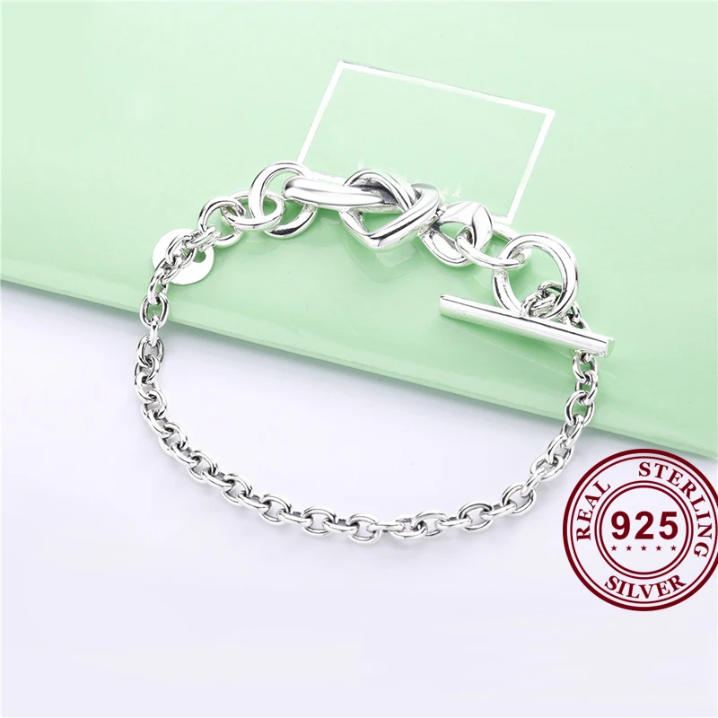 

925 Sterling Silver Bracelet Knotted Heart Heart-embellished T-clasp Link Bangle Fit Women Bead Charm Bracelets Jewelry