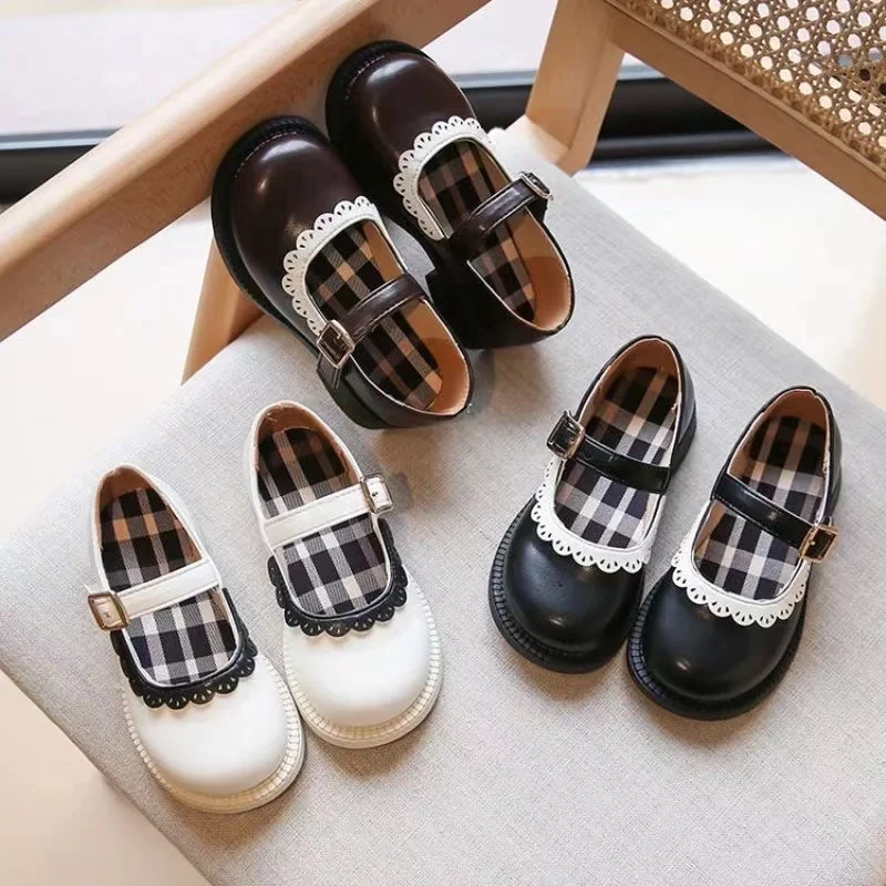 Congme Fashion Girls Leather Shoes Toddler Kids School Style White Black Flat Shoes Princess Shoes Dress Flat Shoes