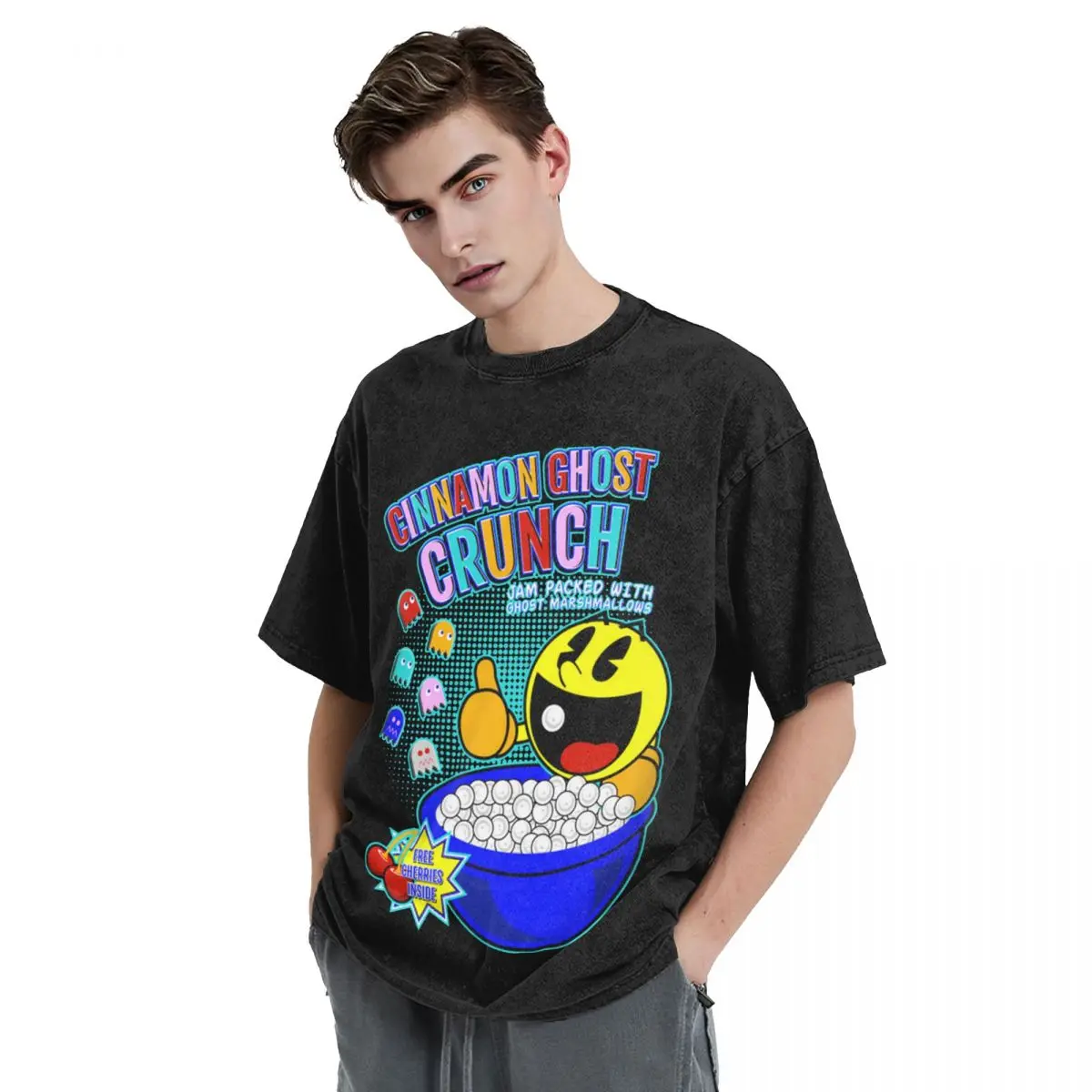 Промытые футболки Cinnamon Ghost Crunch Футболка Pacman Pakkuman Ретро 80s Аркадные игры Уличная